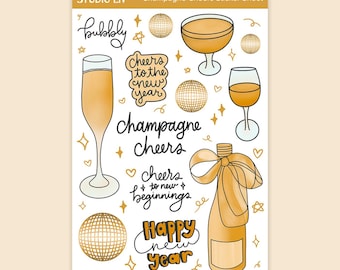 Feuille d'autocollants du Nouvel An champagne pour la tenue d'un journal, des agendas, du scrapbooking et de la mémoire