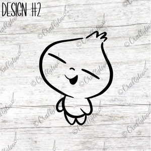 May include: A black and white line drawing of a cartoon character with a big smile and closed eyes. The character has a round head and a small body with arms and legs.
