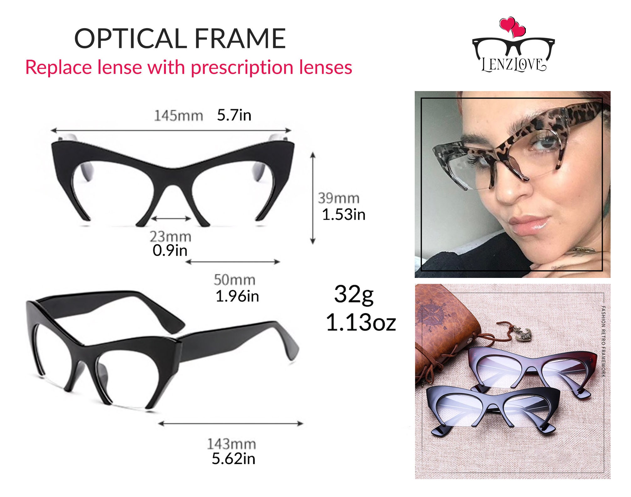 Light Blocking EyeGlasses Frame Women Cat Eye Oversized Optical Fake