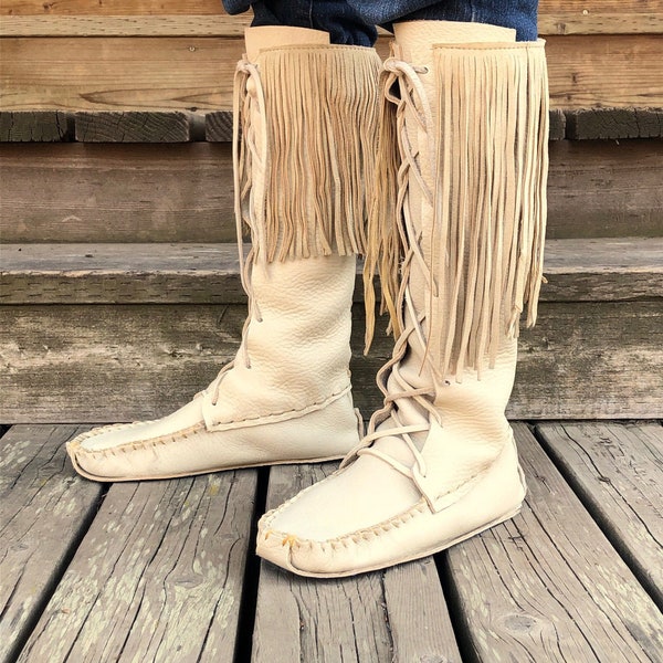 High Lace-Up Buffalo Moccasins, American Bison, Cream Color, Handmade, Triple-soled, Made to Order-Please mail tracings PROMTLY! See below