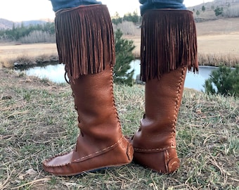 High Lace-Up Buffalo Moccasins, American Bison, Tobacco Brown, Handmade, Triple-soled, Made to Order-Please mail tracings PROMTLY! See below