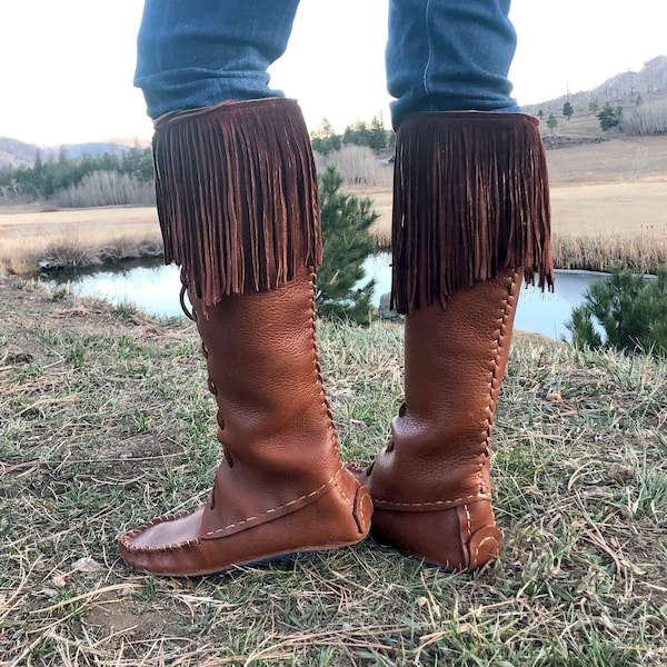 High Lace-Up Buffalo Moccasins, American Bison, Tobacco Brown, Handmade, Triple-soled, Made to Order-Please mail tracings PROMTLY! See below