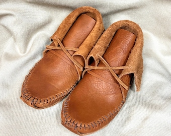 Men's Buffalo Moccasins, American Bison, Tobacco Brown Color, Handmade, Triple-soled