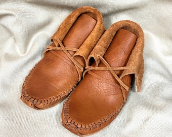 Women’s Leather Moccasins, Bullhide, Tobacco Brown Color, Handmade, Triple-soled
