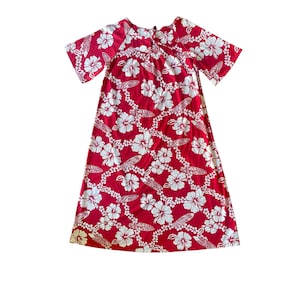 Red Vintage Hawaiian 2XL Muu Muu Dress with Hibiscus Plumeria and Surfboards