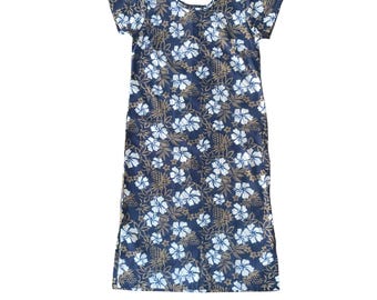 Short Sleeve Muumuu Dress XL - Navy Blue Floral with Plumeria and Pineapples