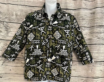 Island Chic Green Tiki Print Ladies Hawaiian Shirt Jacket - 3/4 Sleeve - NEW - Made in USA