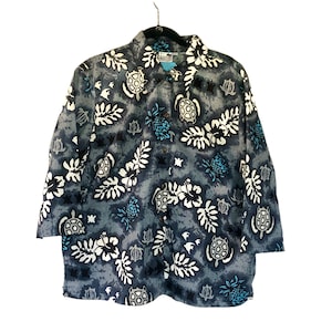 Ladies Hawaiian Shirt 3/4 Sleeve Jacket with Tropical Flowers, Turtles, Pineapples - Made in USA