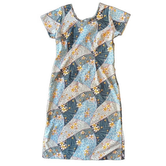 Women's Blue Hawaiian Dress Floral Plumeria Short-Sleeved Long Muumuu