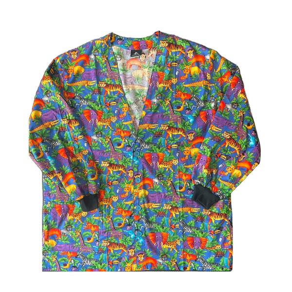 XLarge Cartoon Zoo Animals Scrub Jacket w/Pockets and Buttons - Doctor Nurse Teacher Lab Uniform V-Neck Top