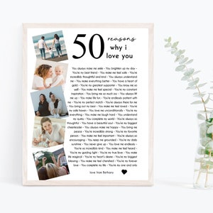 Modello di poster "50 motivi per cui ti amiamo" stampabile, regalo per il 50° compleanno per lei o per lui, regalo di compleanno modificabile per il 50° compleanno, decorazioni personalizzate per il 50° compleanno