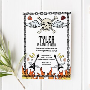 May include: A birthday party invitation with a skull and crossbones graphic, flames, and chains. The text reads "Tyler is Born to Rock" and includes details about the party, including the date, time, and location.