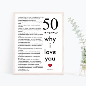 Idee regalo per il 50° compleanno: modello di poster "50 motivi per cui ti amiamo", regalo per il 50° compleanno per lei o per lui, decorazioni personalizzate modificabili per il 50° compleanno.