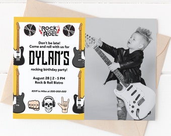 May include: A yellow and white birthday party invitation with a black and white illustration of a guitar and the text "Rock and Roll". The invitation is for Dylan's birthday party and includes the date, time, and location of the party. A photo of a child holding a guitar is in the background.