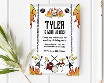 Editable Rock n Roll Birthday Party Invitation with free matching Thank You Tags, Rockstar Birthday Party, Rock and Roll Invitation Template