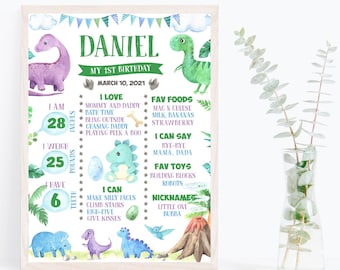 Tablero de hitos de dinosaurios, cartel editable de hitos del primer cumpleaños, edición y descarga instantánea, fiesta de cumpleaños de dinosaurios, signo de dinosaurio DIN1