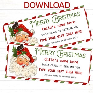 Druckbarer Weihnachtsgutschein für Kinder, bearbeitbare Vorlage für Weihnachtsgeschenkgutscheine, Geschenkgutschein für den Weihnachtsmann, sofort herunterladen und ausdrucken oder per SMS versenden