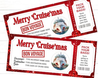 May include: Two red and white cruise ticket templates with the text "Merry Cruise'mas" and "Bon Voyage". The tickets feature a cruise ship illustration and the words "Pack Your Bags!" and "Instant Edit and Download".