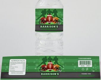 May include: Green and black water bottle labels with a football theme. The label features a football helmet, footballs, and the text "Harrison's 8th Birthday".