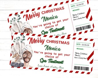May include: Two spa treatment gift certificates with red and white accents. The certificates read "Merry Christmas Monica" and include spa-themed illustrations. The text "Instant Edit and Download" is at the top.