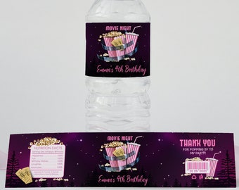 Movie night Party water bottle labels that you can edit and print yourself at home- Movie night Water bottle labels, Printable labels - MNP6