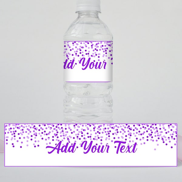 Purple Water Bottle labels that are 100% editable and you can print yourself. Purple bottle labels, Editable colours and text. You choose