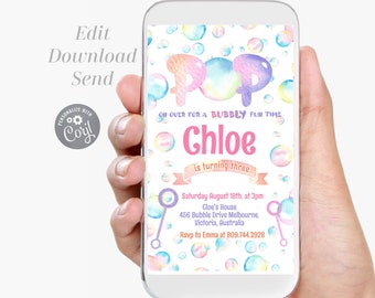 BUBBLE birthday Phone Invitation Bubble birthday invitation Electronic Birthday invitation Email invitation Instant download - BBP3