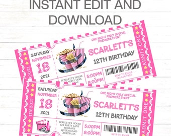 Editable Movie Night Ticket Invitation Movie Ticket Invitation Girls Printable Movie Night Invitation Movie Birthday Party Movie Party