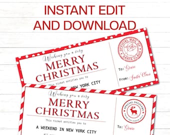 May include: Two Christmas-themed tickets with red and white striped borders. The tickets read "Merry Christmas" and offer a trip to New York City. One ticket has a Santa Claus stamp, the other a North Pole stamp.