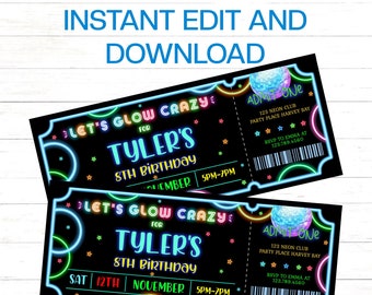 May include: Two neon-colored ticket invitations for a glow party. The tickets are black with neon green, pink, blue, and orange accents. The text on the tickets reads "Let's Glow Crazy" for Tyler's 8th Birthday. The tickets also include the date, time, and RSVP information.