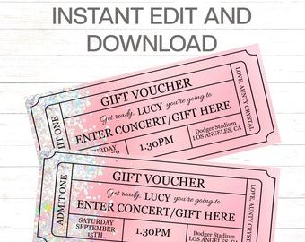 Pink Glitter Gift Ticket Editable Pink Glitter Birthday Gift Voucher Girls Glitter Gift Pink Ticket Voucher Instant Edit and Print