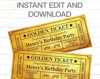 Golden Ticket Invitation Template Printable Birthday Invitation Birthday Gold Invitation Ticket Template Gold Birthday Party Invite