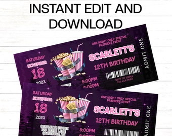 Movie Night Ticket Invitation Movie Birthday Party Sleepover Party Girl Birthday Invitation Editable Digital Template Instant Download  MNP6