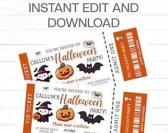 Bewerkbare Halloween-uitnodigingssjabloon Halloween-ticketuitnodiging Halloween-verjaardagsuitnodiging 4 cadeaukaartjes inbegrepen Direct downloaden