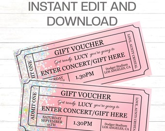 Girls Birthday Gift Ticket Editable Pink Glitter Birthday Gift Voucher Girls Glitter Gift Pink Ticket Voucher Instant Edit and Print