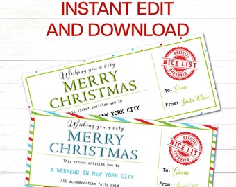 May include: Two Christmas-themed tickets with the text "Wishing you a very Merry Christmas." One ticket is for New York City, the other for a weekend in New York City. Both tickets have "Official Nice List Approved" stamps.