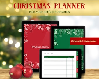 Puede incluir: Un planificador navideño que se muestra en tres tabletas, con cubiertas rojas y verdes. La cubierta roja dice "Christmas Planner" y la cubierta verde tiene un diseño de rama de pino blanco. Una lista de tareas pendientes es visible en la tercera tableta. Adornos navideños rojos en primer plano.