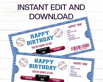 Baseball Gift Ticket, Baseball Ticket Birthday Gift to edit, download and print instantly. Baseball Surprise Ticket, Game Day Gift Ticket