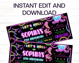Roller Skating invitation Ticket Skating Birthday Invitation to edit download and print. Disco party invitation Roller Skating invitation