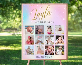 Rainbow Pastel Photo Milestone signo Pastel Primer cartel de hito de cumpleaños Tablero de hitos de fotos Editable Rainbow Pastel hito tablero PR