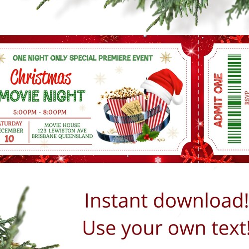 Christmas Movie Night Invitation Printable Ticket Editable - Etsy
