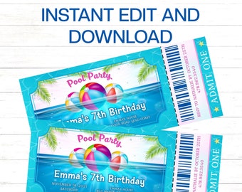 Editable Pool Party Invitation Pool Party Ticket Invitation Pool Birthday Party Invitation  Swimming Party Invitation