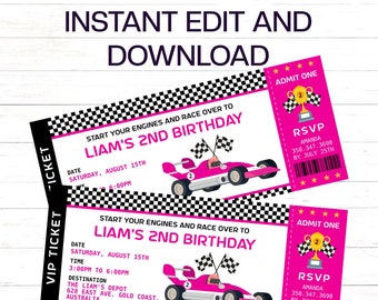 Racing Car Birthday Invitation to edit, download, print and/or text immediately. Girls Race Car Ticket Pink Car Birthday Ticket Invitation