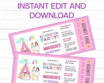 Sleepover Birthday Invitation to edit, download instantly and print instantly. Slumber Party Birthday invitation, Ticket invitation