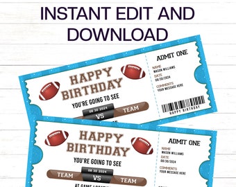 Football Gift Ticket, Football Ticket Birthday Gift to edit, download and print instantly. Football Surprise Ticket, Game Day Gift Ticket
