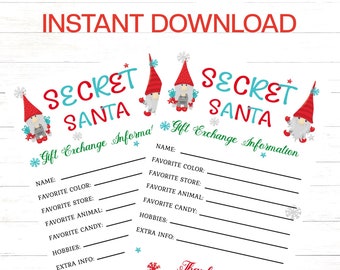 Puede incluir: Una hoja de información imprimible para el intercambio de regalos de Secret Santa. El diseño presenta las palabras "Secret Santa" en rojo y turquesa, con ilustraciones de gnomos y copos de nieve. Incluye campos para nombre, color, tienda, animal, etc.