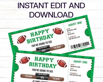 Football Game Gift Ticket Football Birthday Gift Football Surprise Ticket Green Game Day Gift Ticket Instant Print Gift for Him