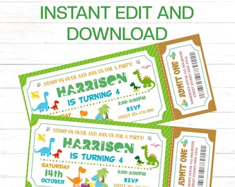 Editable Dinosaur Ticket Invitation Printable Dinosaur Birthday Invitation Cute Dinosaur Birthday Party Invitation