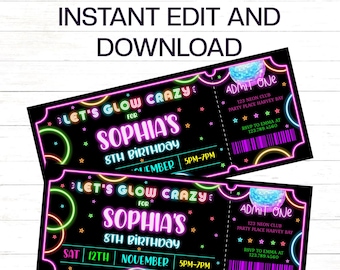 Disco Invitation Ticket Glow Birthday Invitation Disco Party Invitation Glow In The Dark Invitation to edit, download and print instantly.