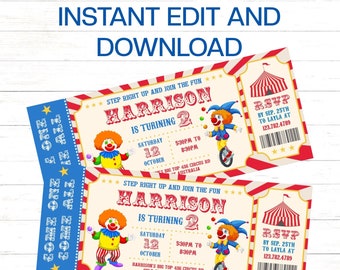 Editable Carnival Ticket Birthday Invitation Template Clown Birthday Invitation Ticket Template Carnival Clowns INSTANT DOWNLOAD